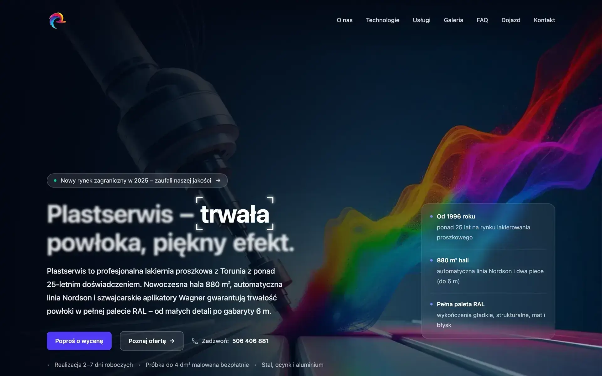 Zrzut ekranu strony plastserwis.com: hero z nagłówkiem „Plastserwis – trwała powłoka, piękny efekt”