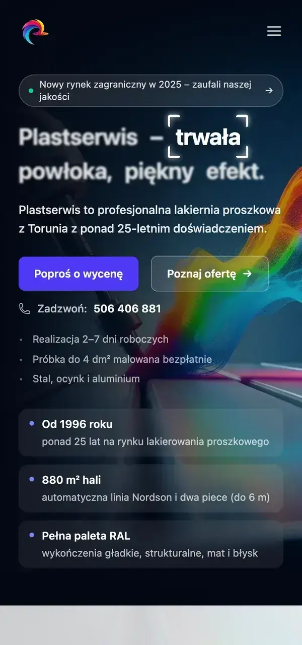 Zrzut ekranu strony plastserwis.com: hero z nagłówkiem „Plastserwis – trwała powłoka, piękny efekt” — widok mobilny
